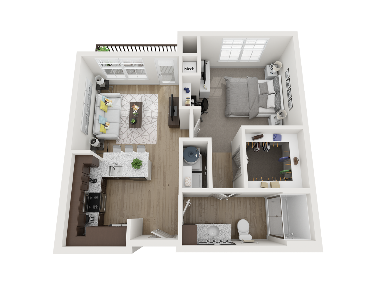 Floor plan for 1 bed, 1 bath, 659 sqft